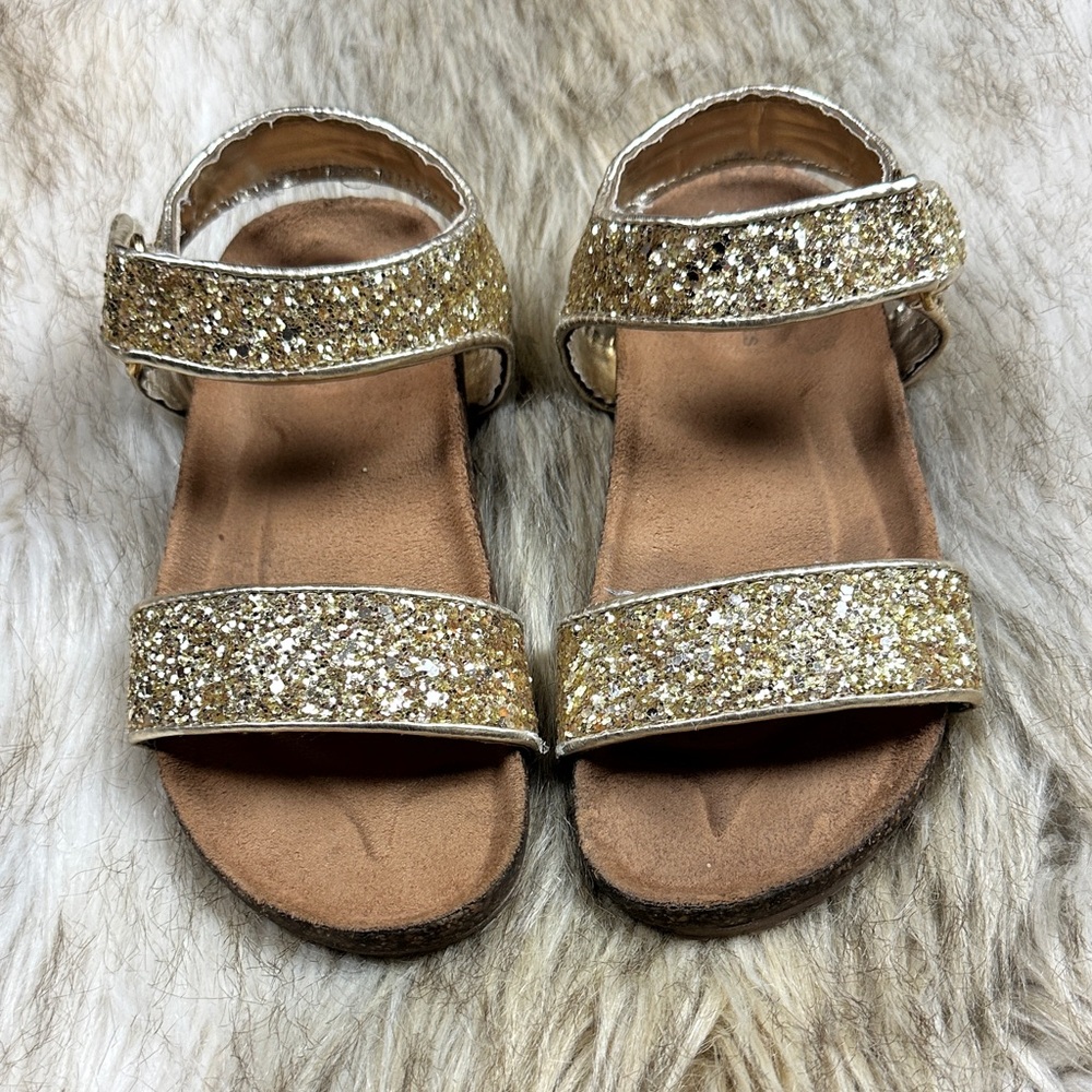 Size 12 Crewcuts Gold Glitter Kids Sandals, Velcro buckle